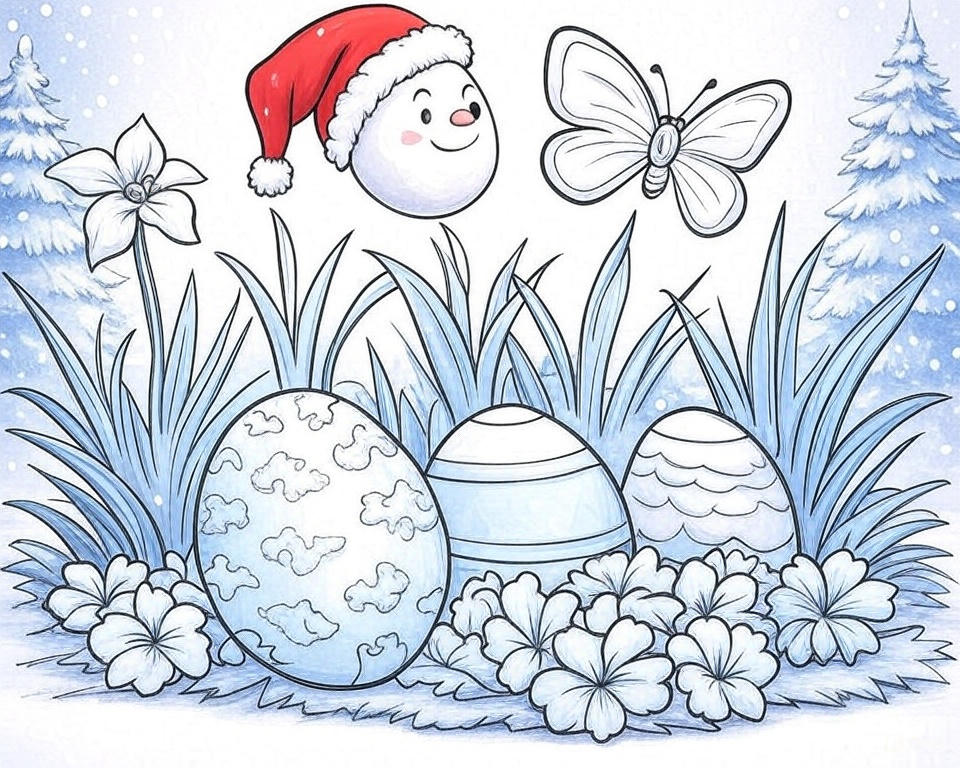Holiday-themed coloring page with decorated Christmas trees, colorful Easter eggs with ribbons, butterflies, and vibrant flowers